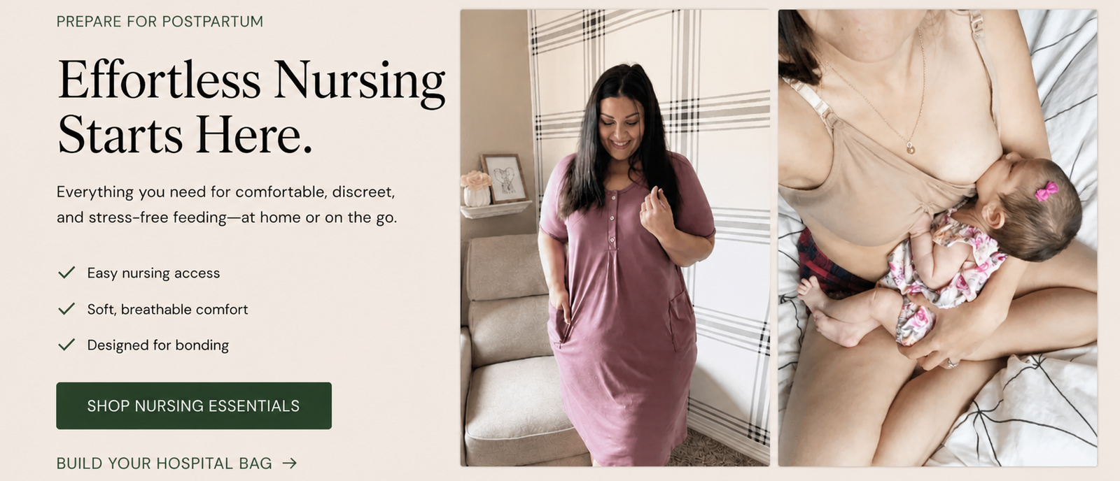 Promotional banner for nursing essentials with a woman in a pink dress and a baby being fed.